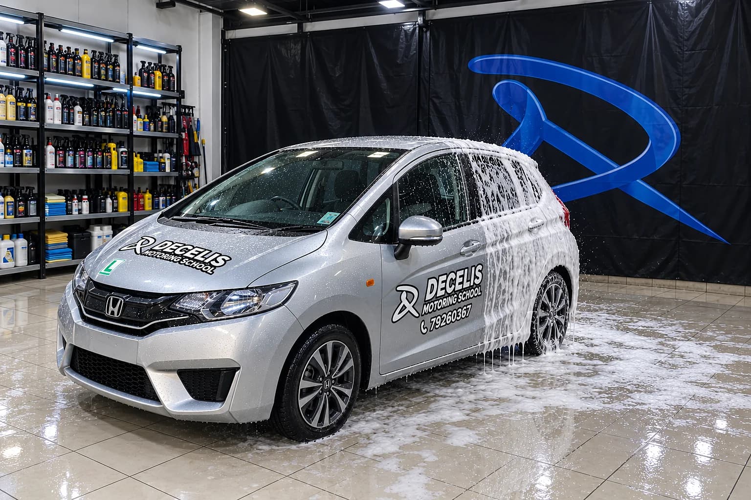 Our silver school Honda Jazz in our car-wash garage, its front rinsed and gleaming, its back still covered in snow foam, the blue Decelis D on the banner behind
